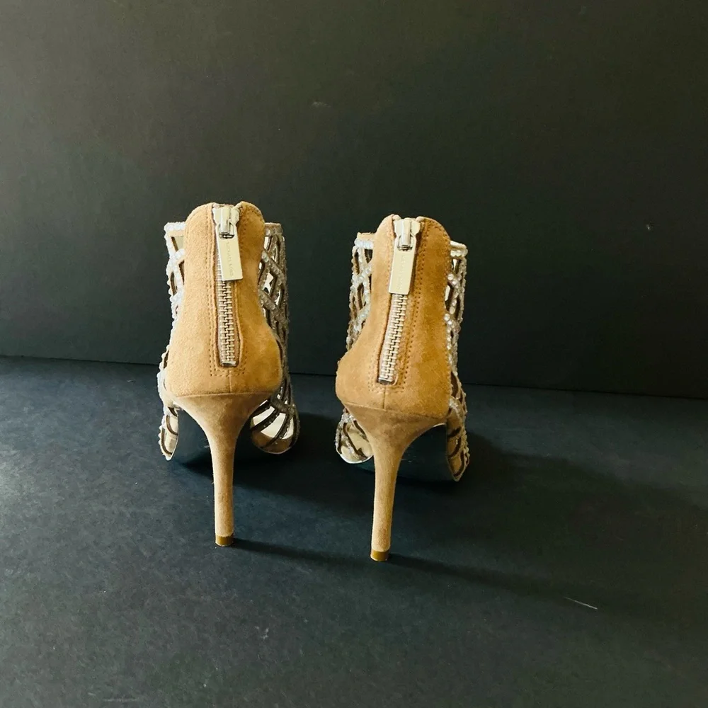 Michael Kors beige suede rhinestone Yvonne caged sandals 7.5